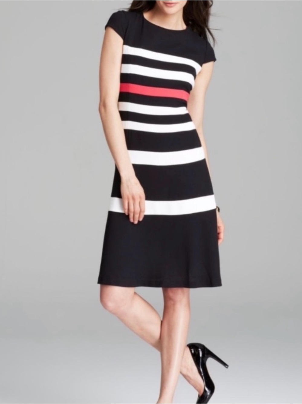 Anne Klein Women's Cap Sleeve Striped A Line Dress Black White Pink size 10